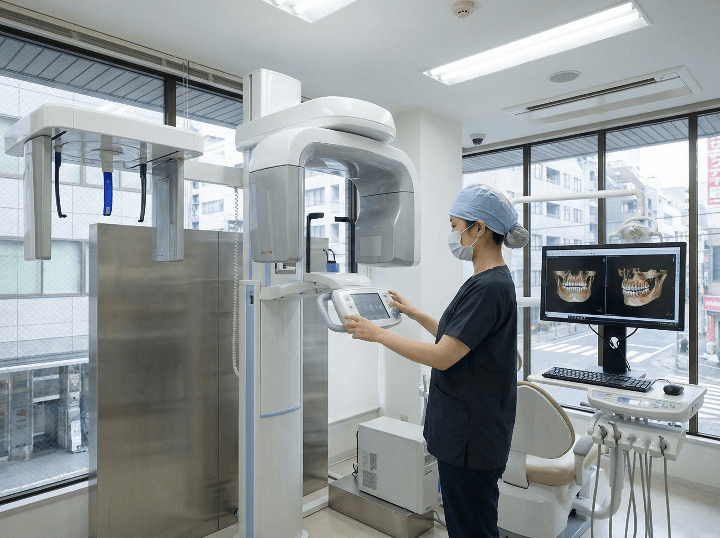 最新の検査機器を操作している様子